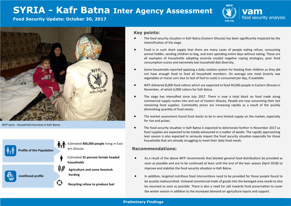 SYRIA - Kafr Batna Inter Agency Assessment Food Security Update: October 30, 2017