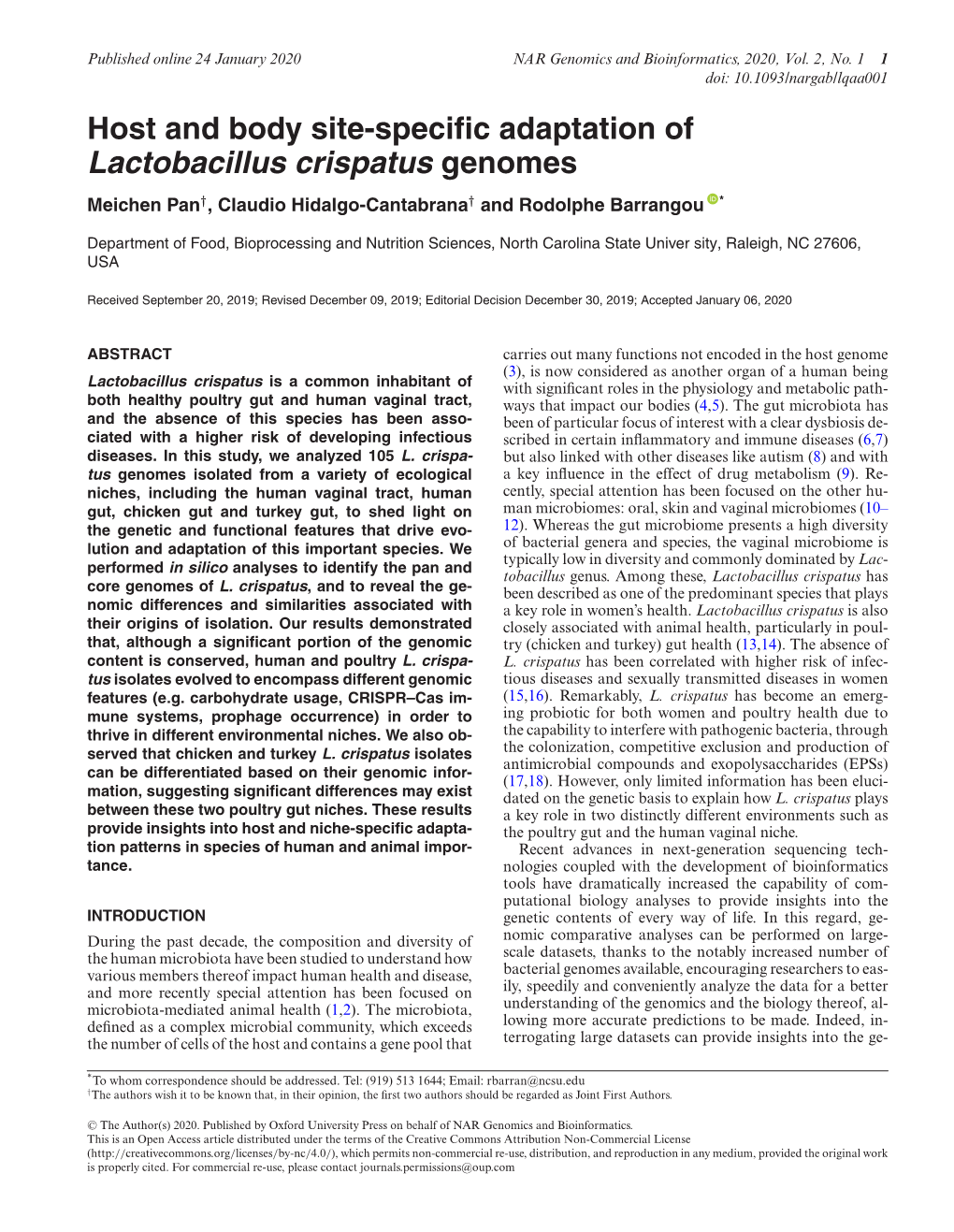 Lactobacillus Crispatus Genomes Meichen Pan†, Claudio Hidalgo-Cantabrana† and Rodolphe Barrangou *