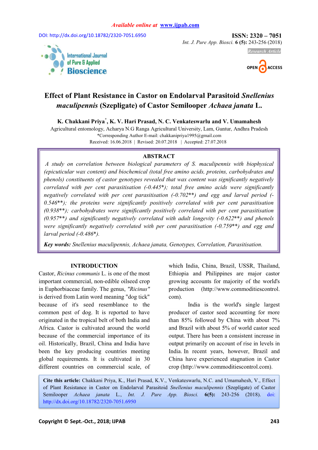 Effect of Plant Resistance in Castor on Endolarval Parasitoid Snellenius Maculipennis (Szepligate) of Castor Semilooper Achaea Janata L