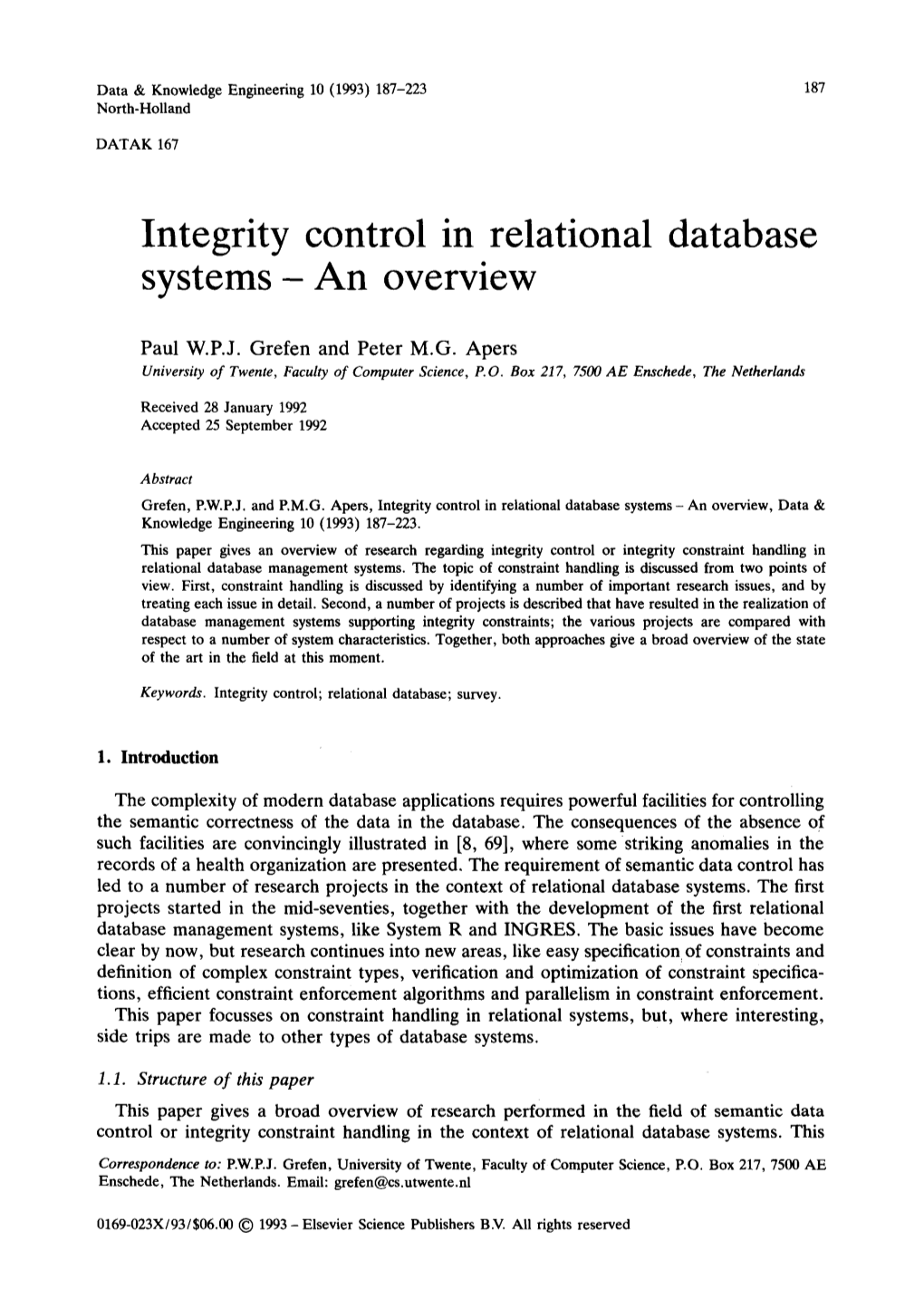 Integrity Control in Relational Database Systems- an Overview