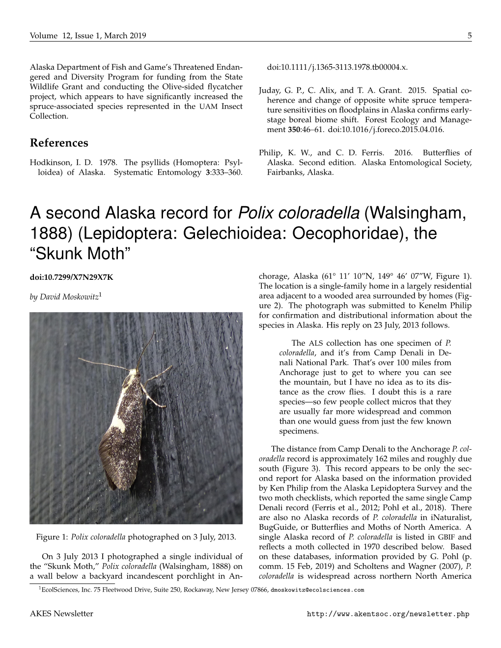 Lepidoptera: Gelechioidea: Oecophoridae), the “Skunk Moth” Doi:10.7299/X7N29X7K Chorage, Alaska (61° 11’ 10”N, 149° 46’ 07”W, Figure 1