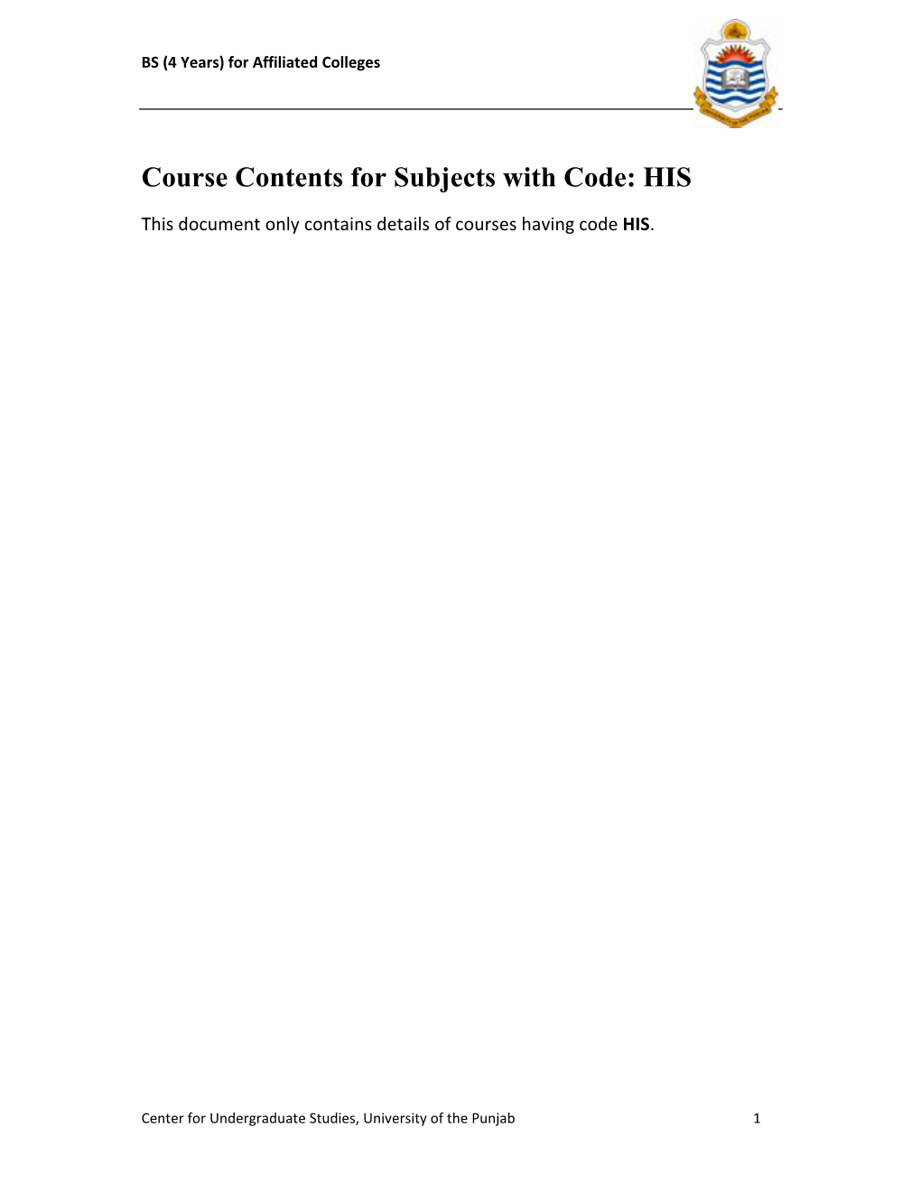 Course Contents for Subjects with Code: HIS