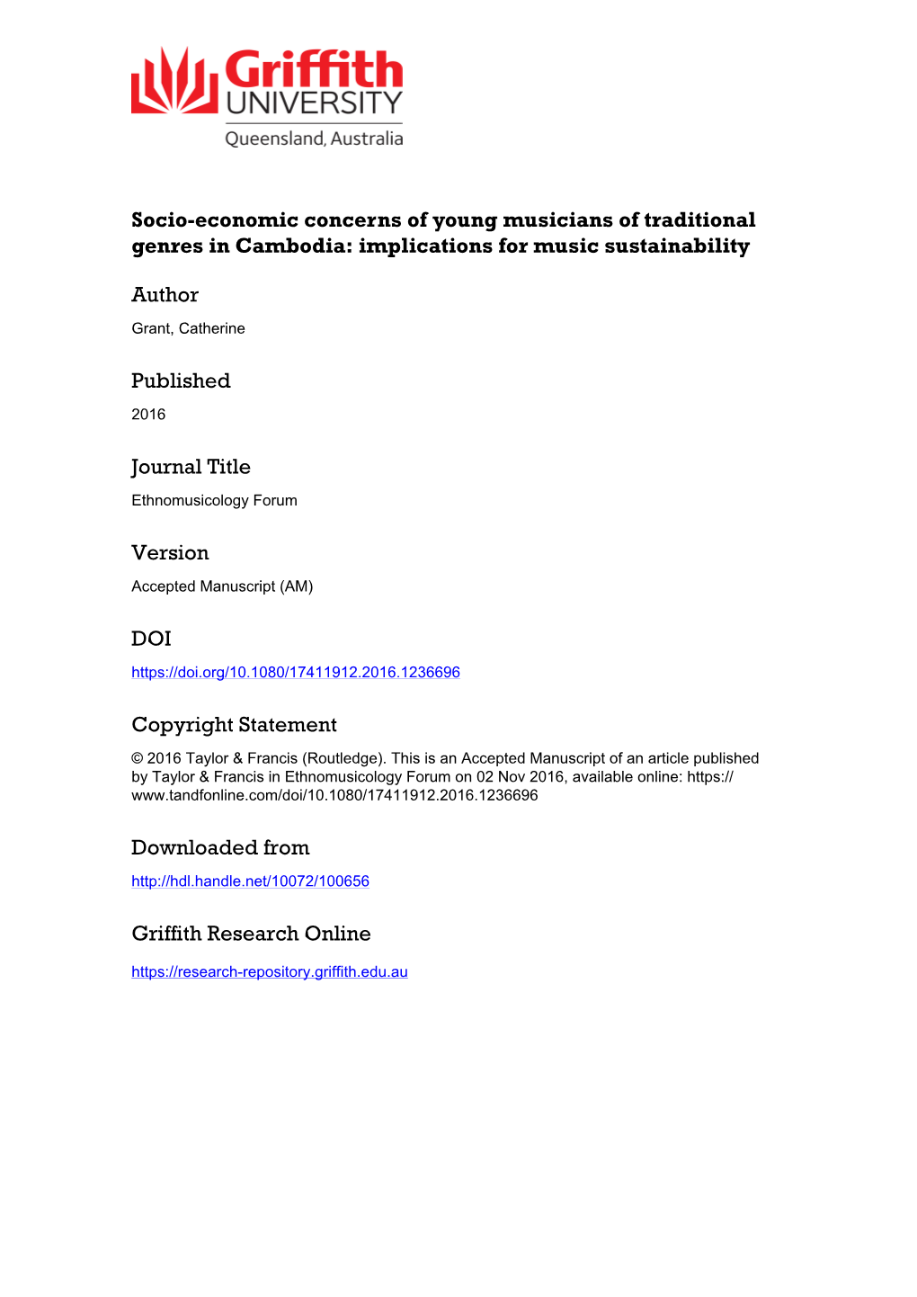 Socio-Economic Concerns of Young Musicians of Traditional Genres in Cambodia: Implications for Music Sustainability