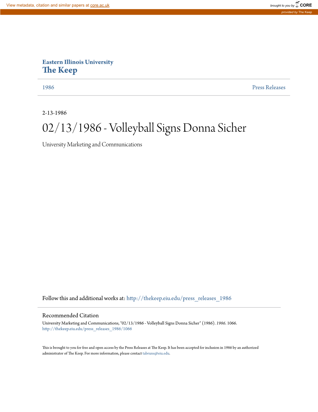 02/13/1986 - Volleyball Signs Donna Sicher University Marketing and Communications