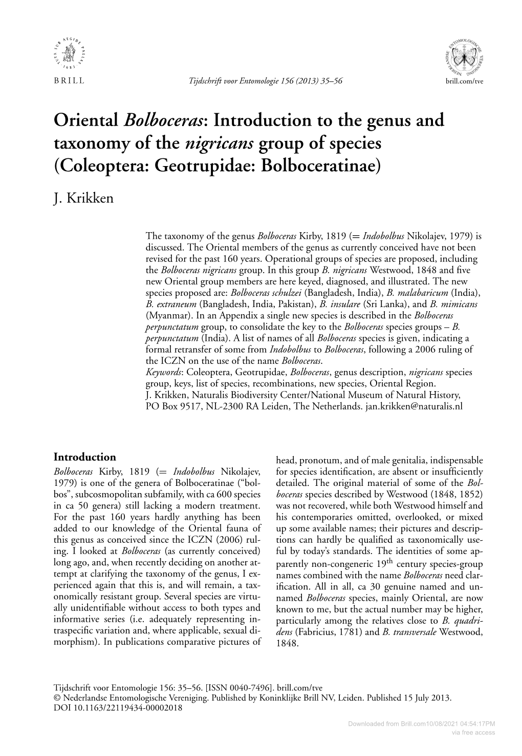 Oriental Bolboceras: Introduction to the Genus and Taxonomy of the Nigricans Group of Species (Coleoptera: Geotrupidae: Bolboceratinae) J