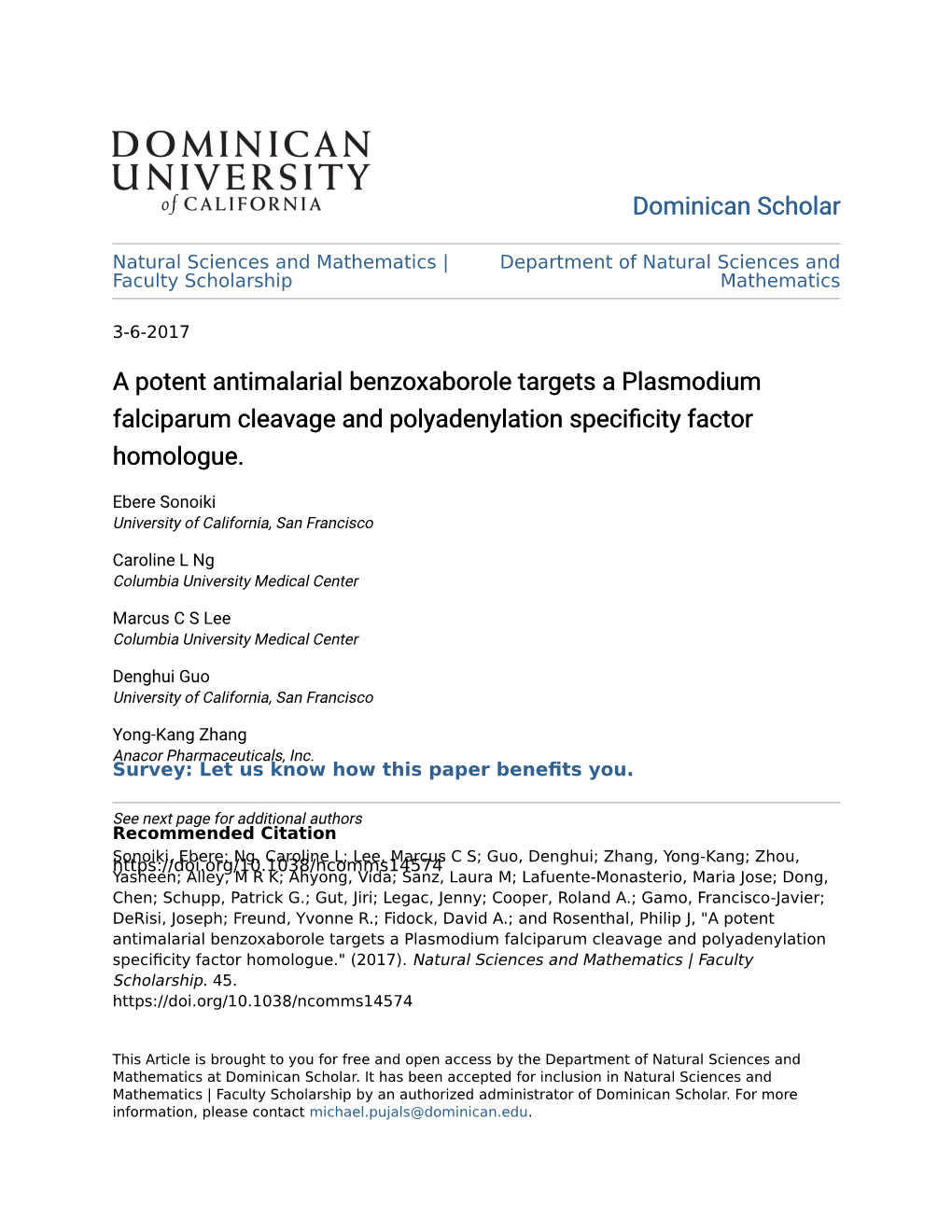 A Potent Antimalarial Benzoxaborole Targets a Plasmodium Falciparum Cleavage and Polyadenylation Specificity Factor Homologue