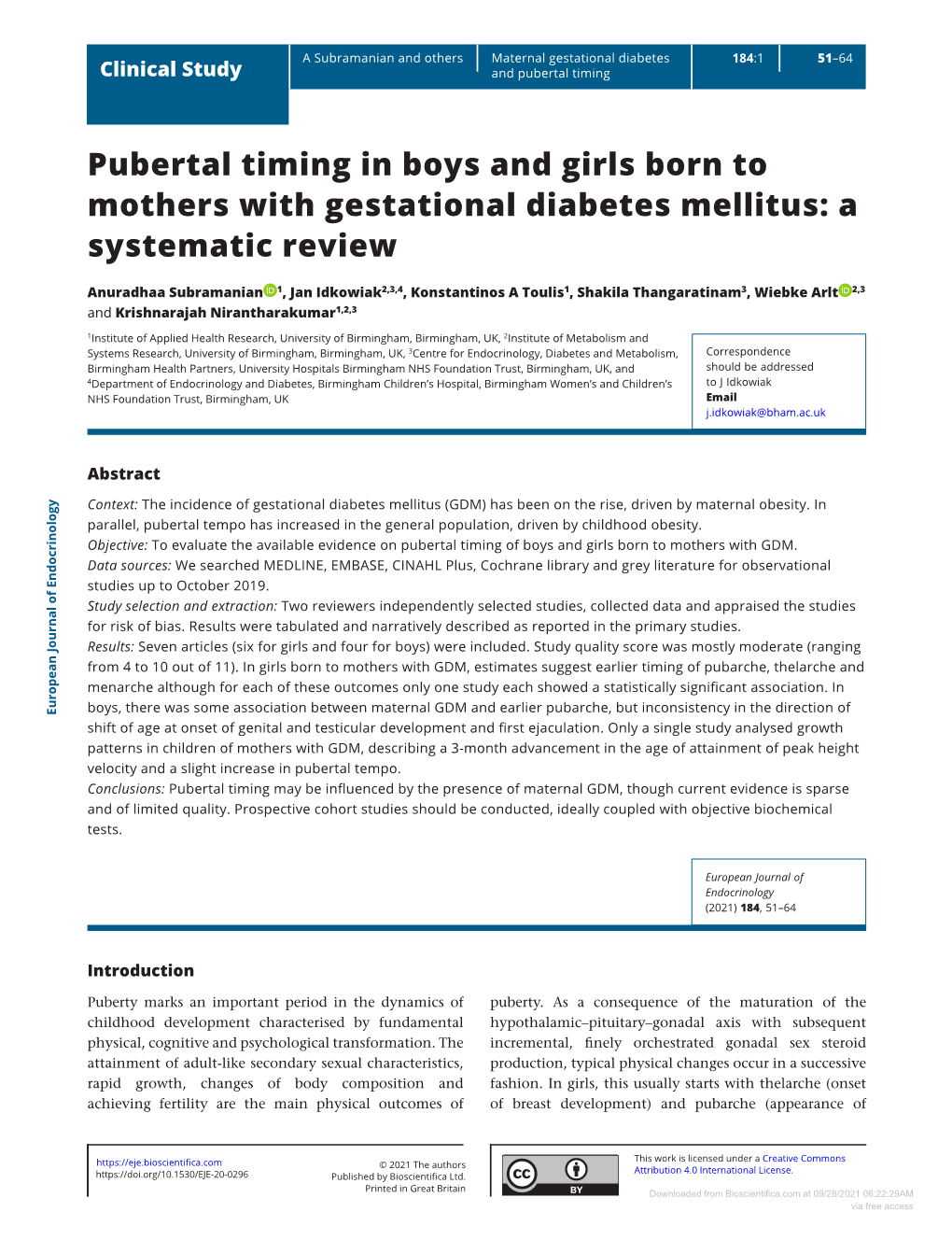 Pubertal Timing in Boys and Girls Born to Mothers with Gestational Diabetes