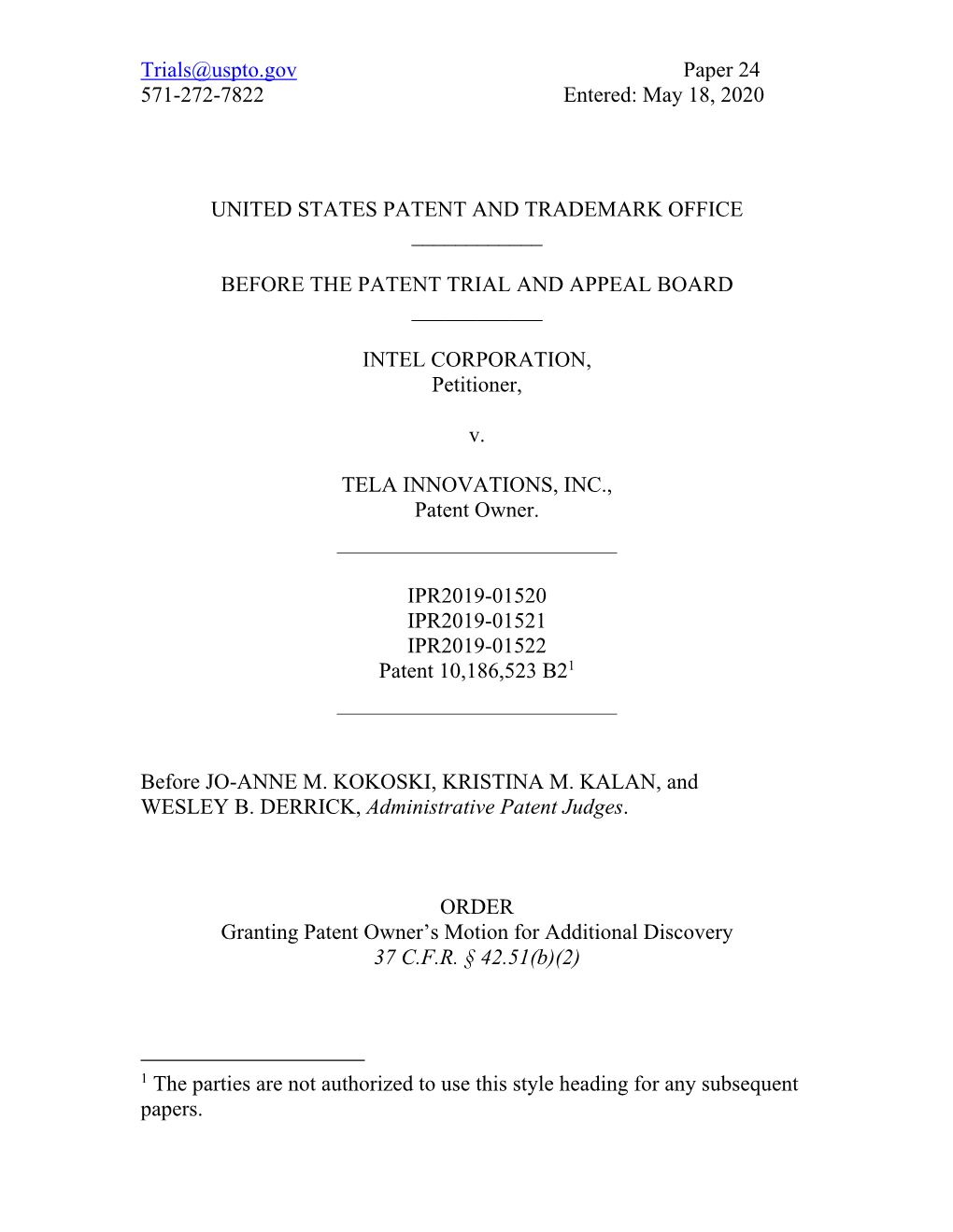 May 18, 2020 UNITED STATES PATENT and TRADEMARK OFFICE