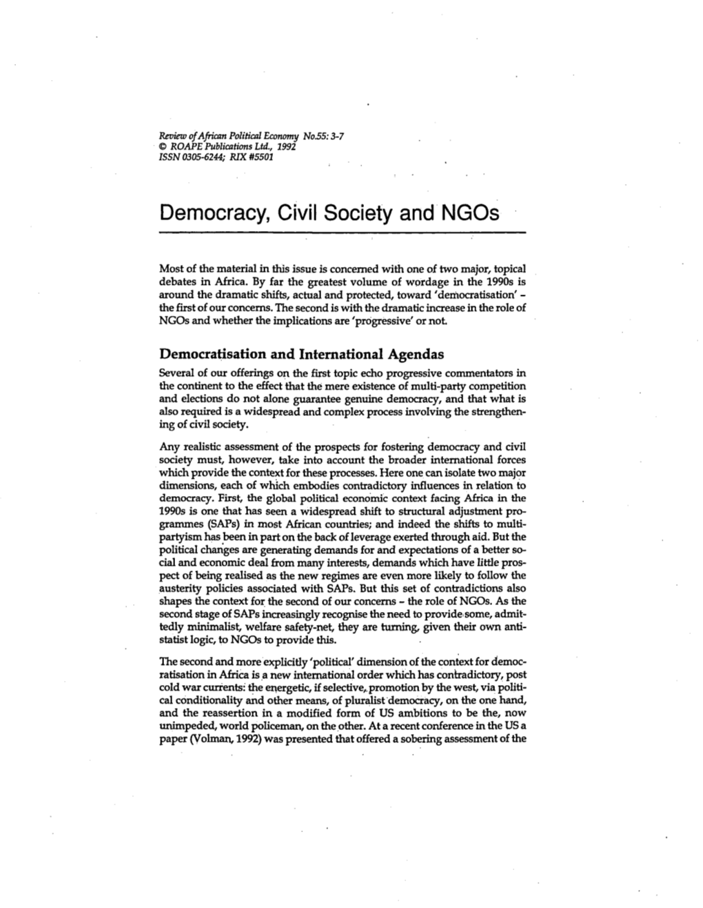 Democracy, Civil Society and Ngos