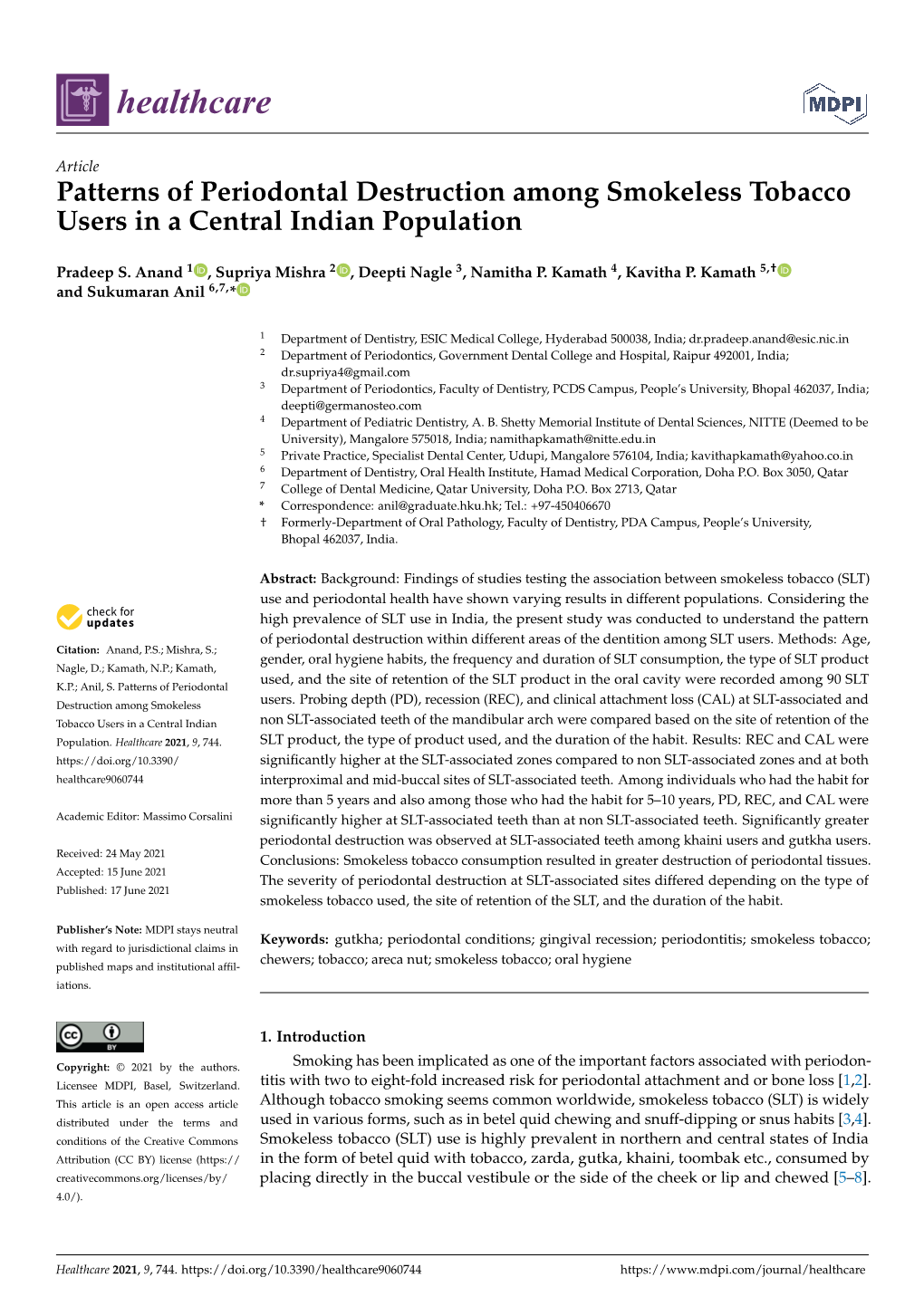 Patterns of Periodontal Destruction Among Smokeless Tobacco Users in a Central Indian Population