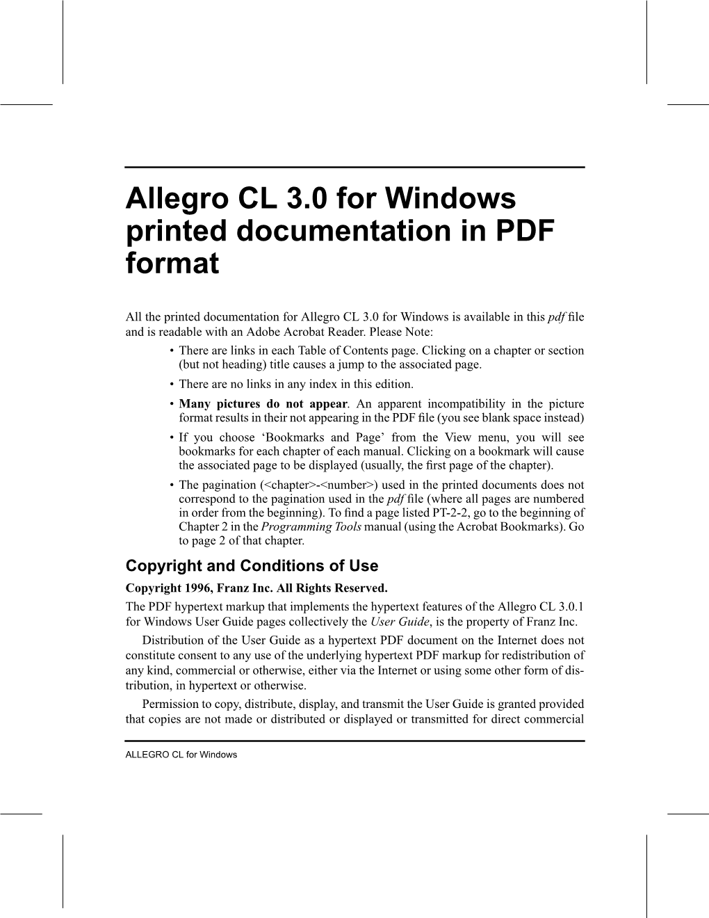 Allegro CL 3.0 for Windows Printed Documentation in PDF Format