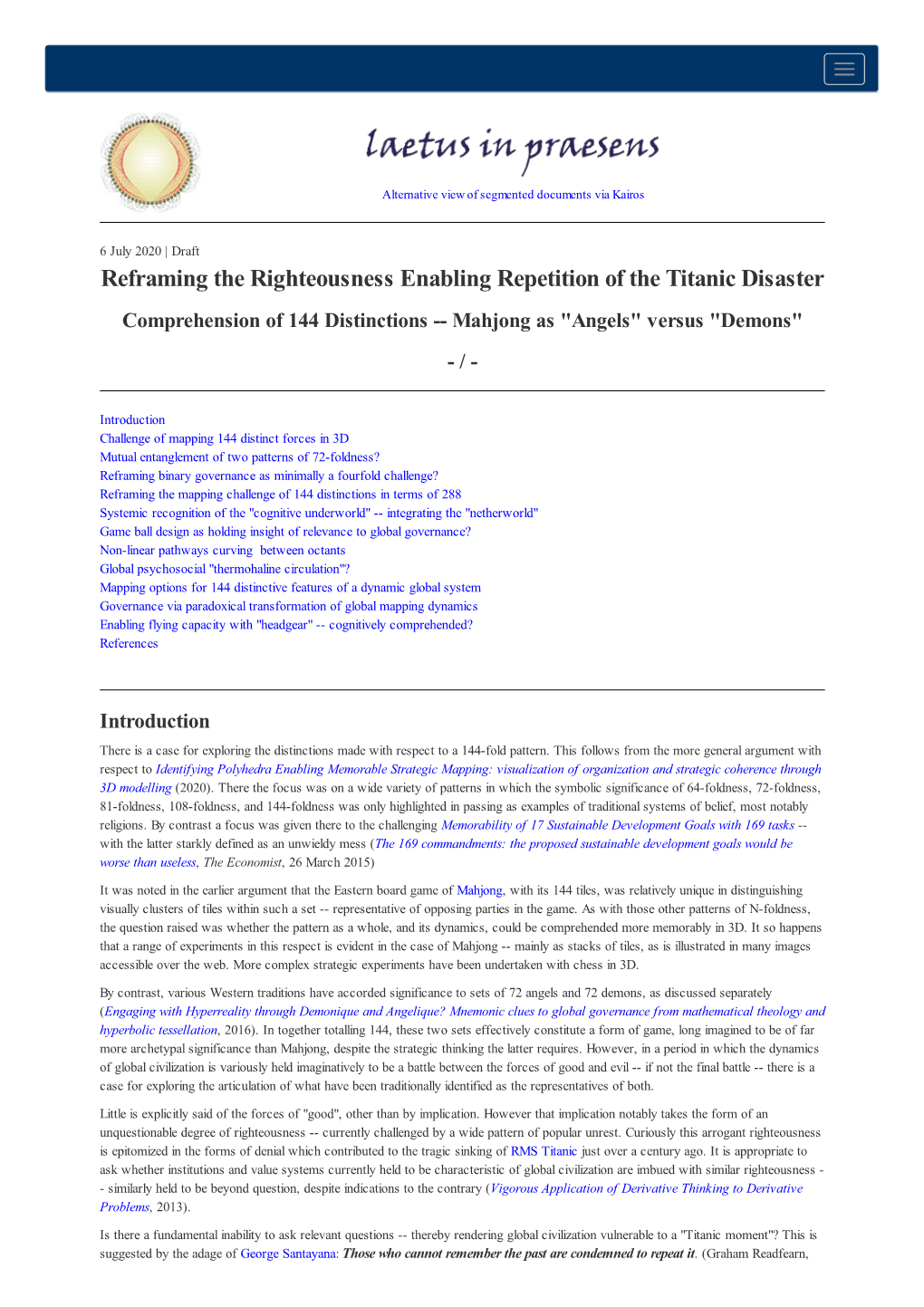 Reframing the Righteousness Enabling Repetition of the Titanic Disaster Comprehension of 144 Distinctions -- Mahjong As "Angels" Versus "Demons" - /