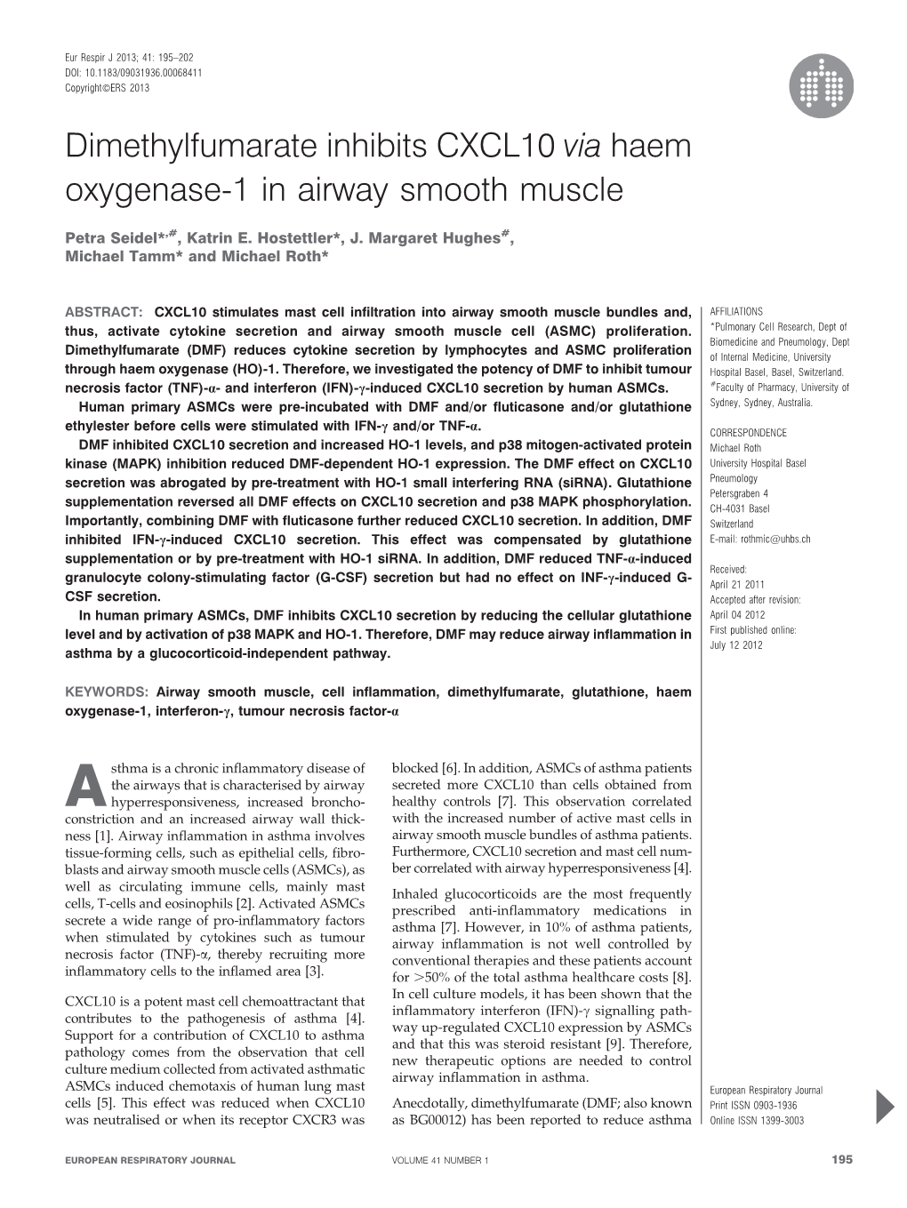 Dimethylfumarate Inhibits CXCL10 Via Haem Oxygenase-1 in Airway Smooth Muscle