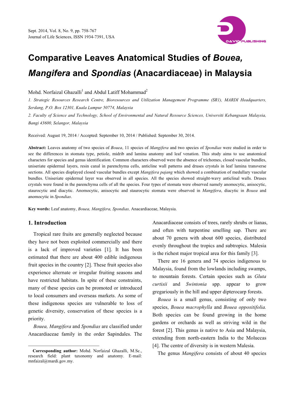 Comparative Leaves Anatomical Studies of Bouea, Mangifera and Spondias (Anacardiaceae) in Malaysia
