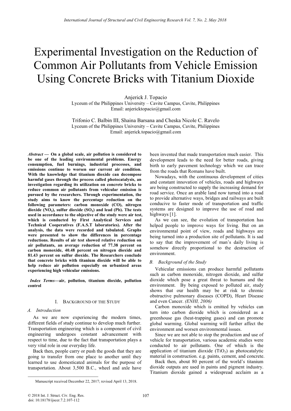 Experimental Investigation on the Reduction of Common Air Pollutants from Vehicle Emission Using Concrete Bricks with Titanium Dioxide