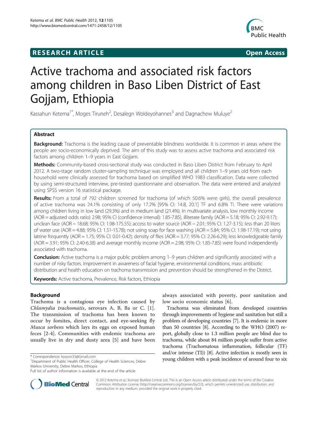 Active Trachoma and Associated Risk Factors Among Children in Baso Liben District of East Gojjam, Ethiopia