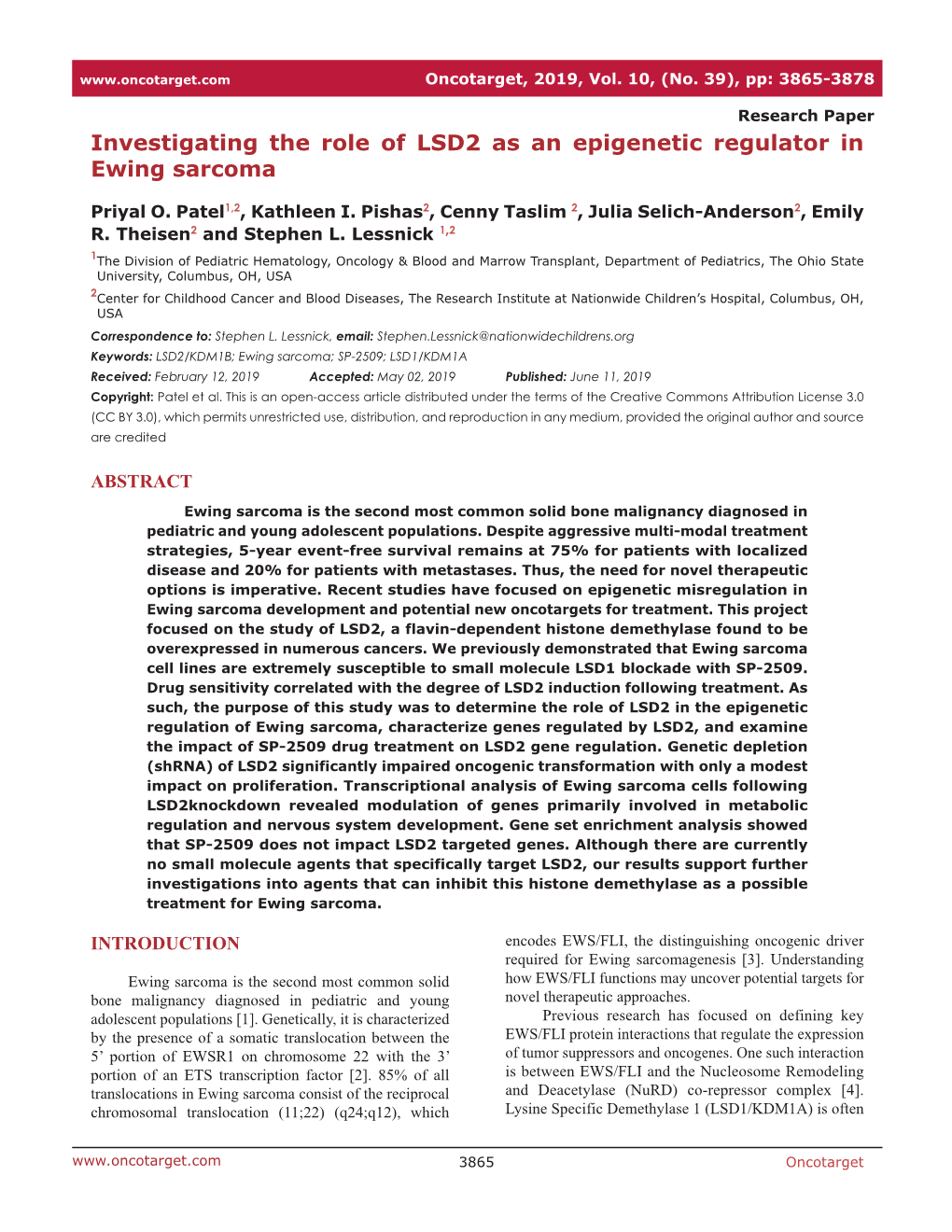 Investigating the Role of LSD2 As an Epigenetic Regulator in Ewing Sarcoma