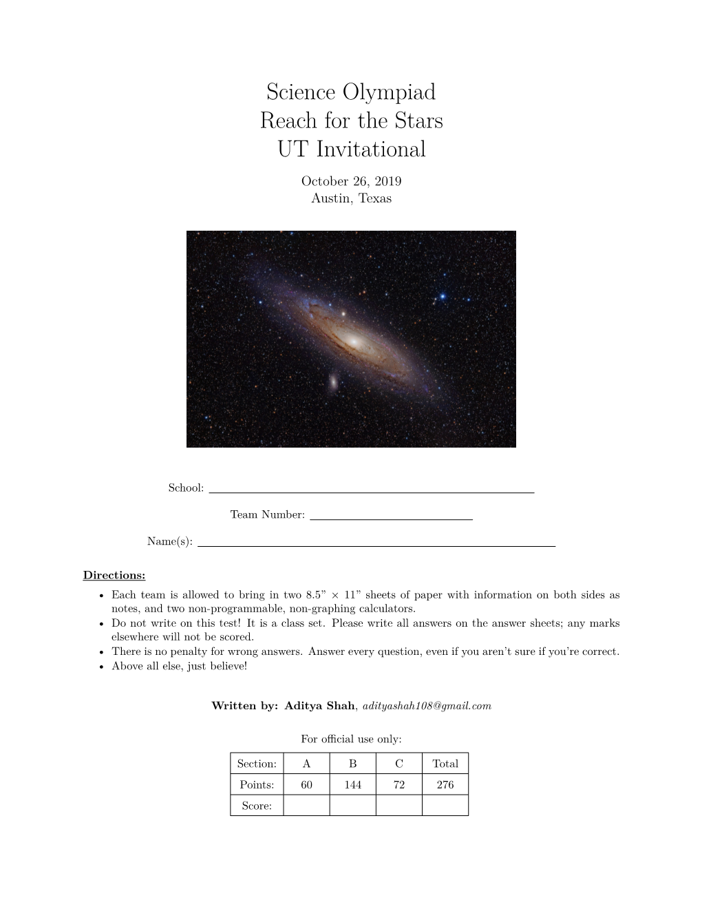 Science Olympiad Reach for the Stars UT Invitational October 26, 2019 Austin, Texas