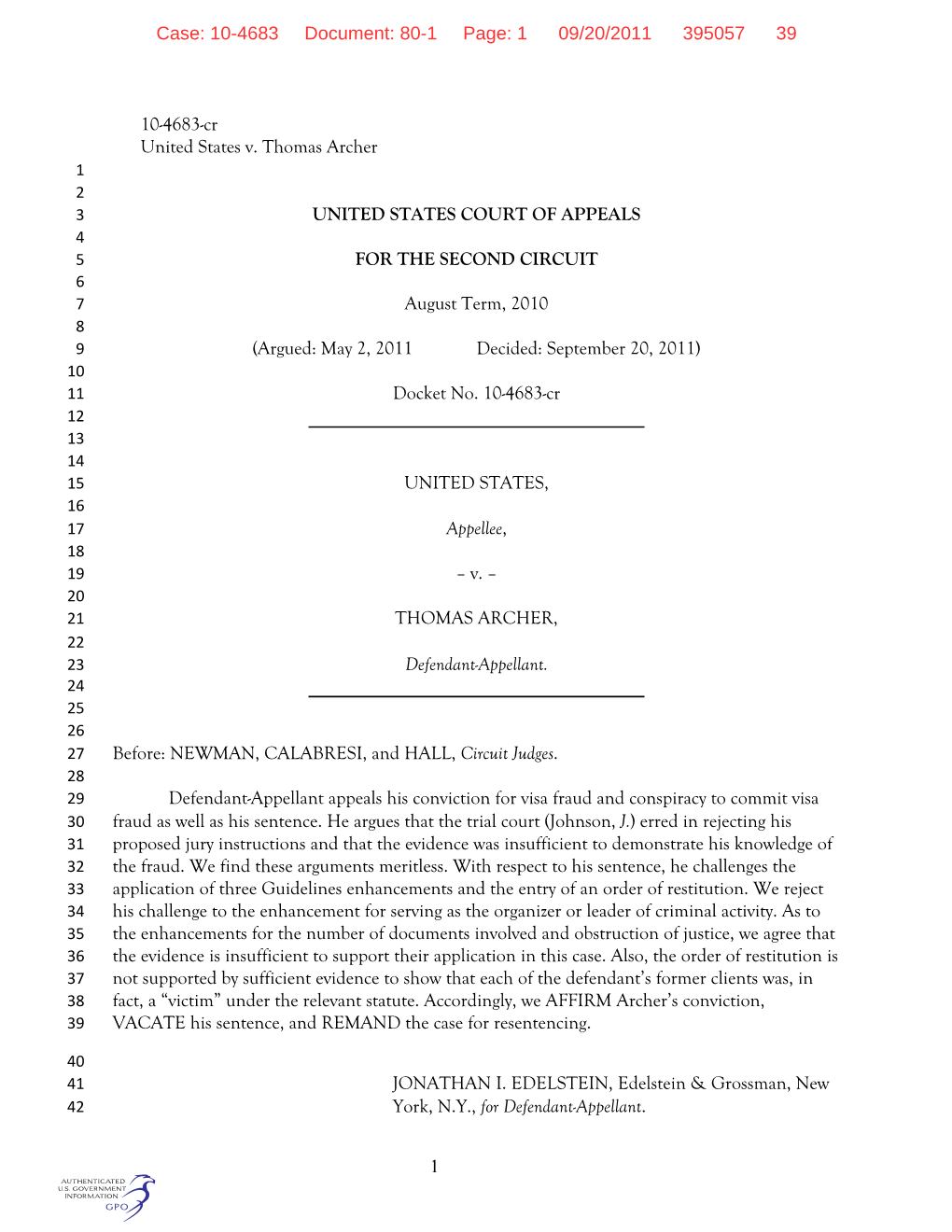 1 10-4683-Cr United States V. Thomas Archer UNITED STATES COURT