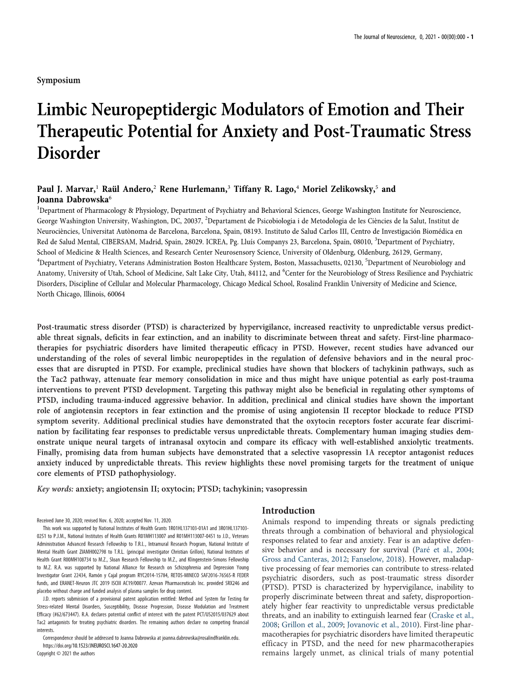 Limbic Neuropeptidergic Modulators of Emotion and Their Therapeutic Potential for Anxiety and Post-Traumatic Stress Disorder