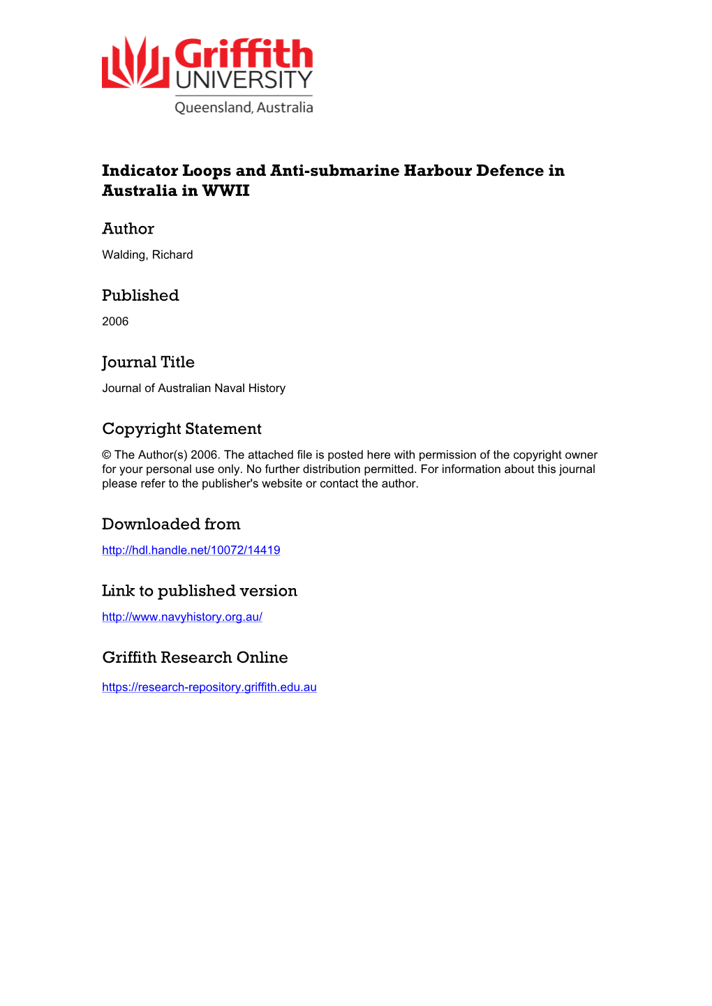 Indicator Loops and Anti-Submarine Harbour Defence in Australia in WWII