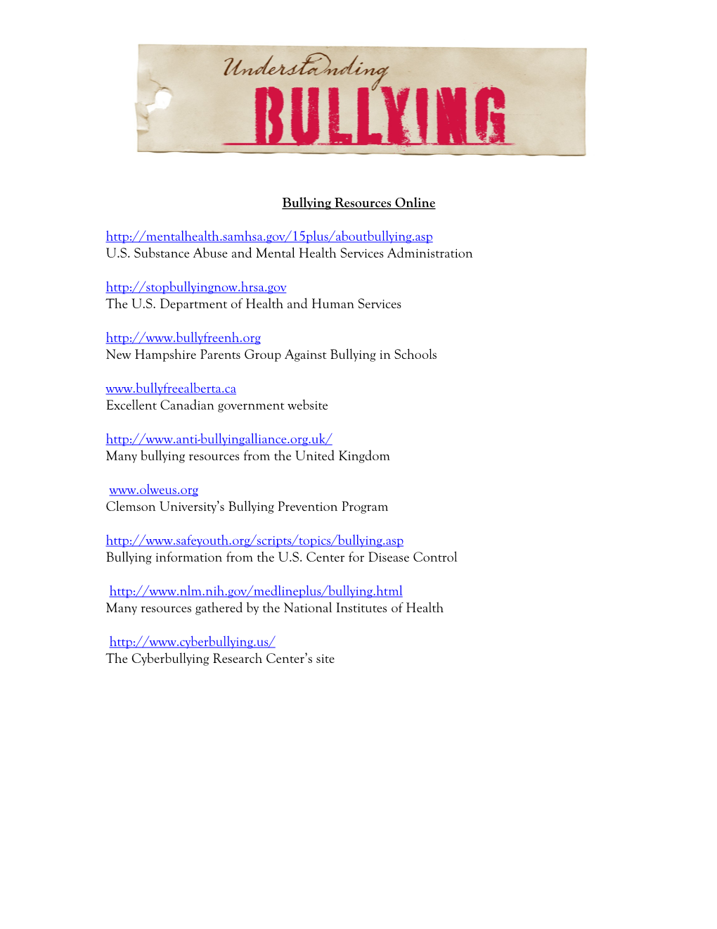 Bullying Resources Online U.S