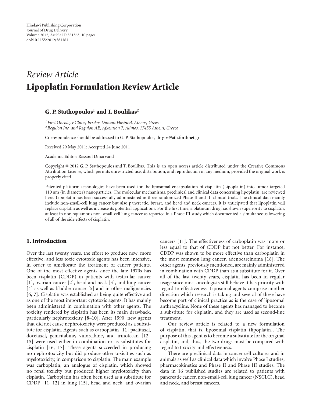 Lipoplatin Formulation Review Article
