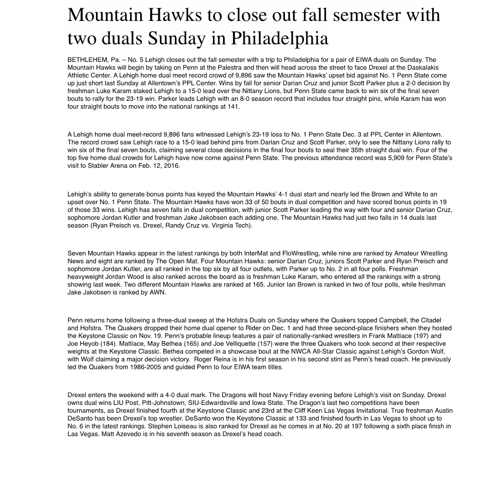 Wrestling Mountain Hawks to Close out Fall Semester with Two Duals
