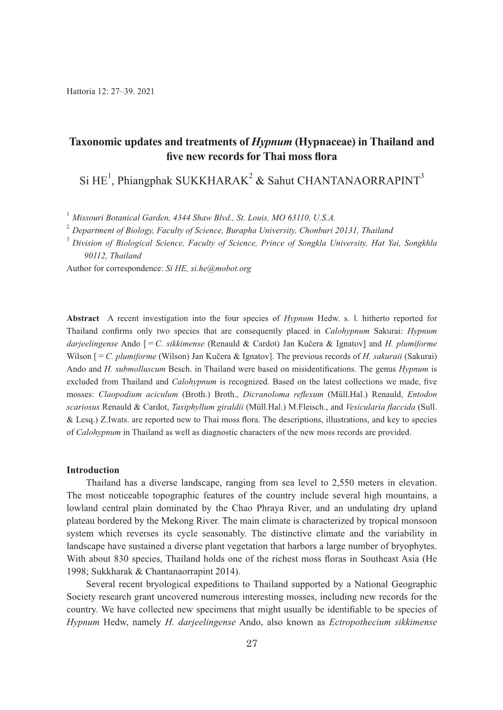 In Thailand and Five New Records for Thai Moss Flora Si HE1, Phiangphak