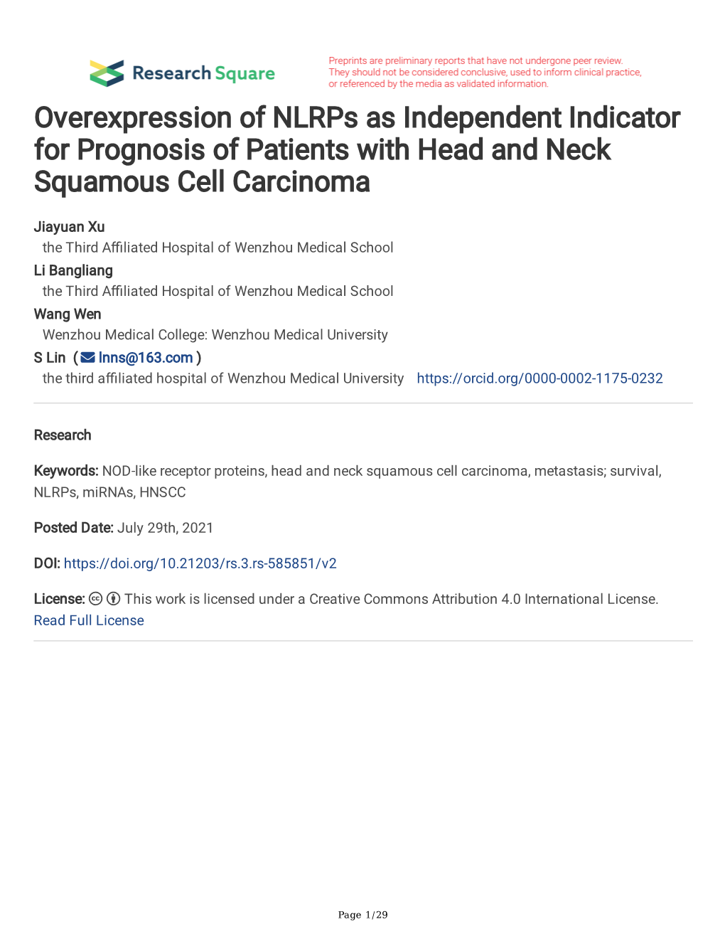 Overexpression of Nlrps As Independent Indicator for Prognosis of Patients with Head and Neck Squamous Cell Carcinoma
