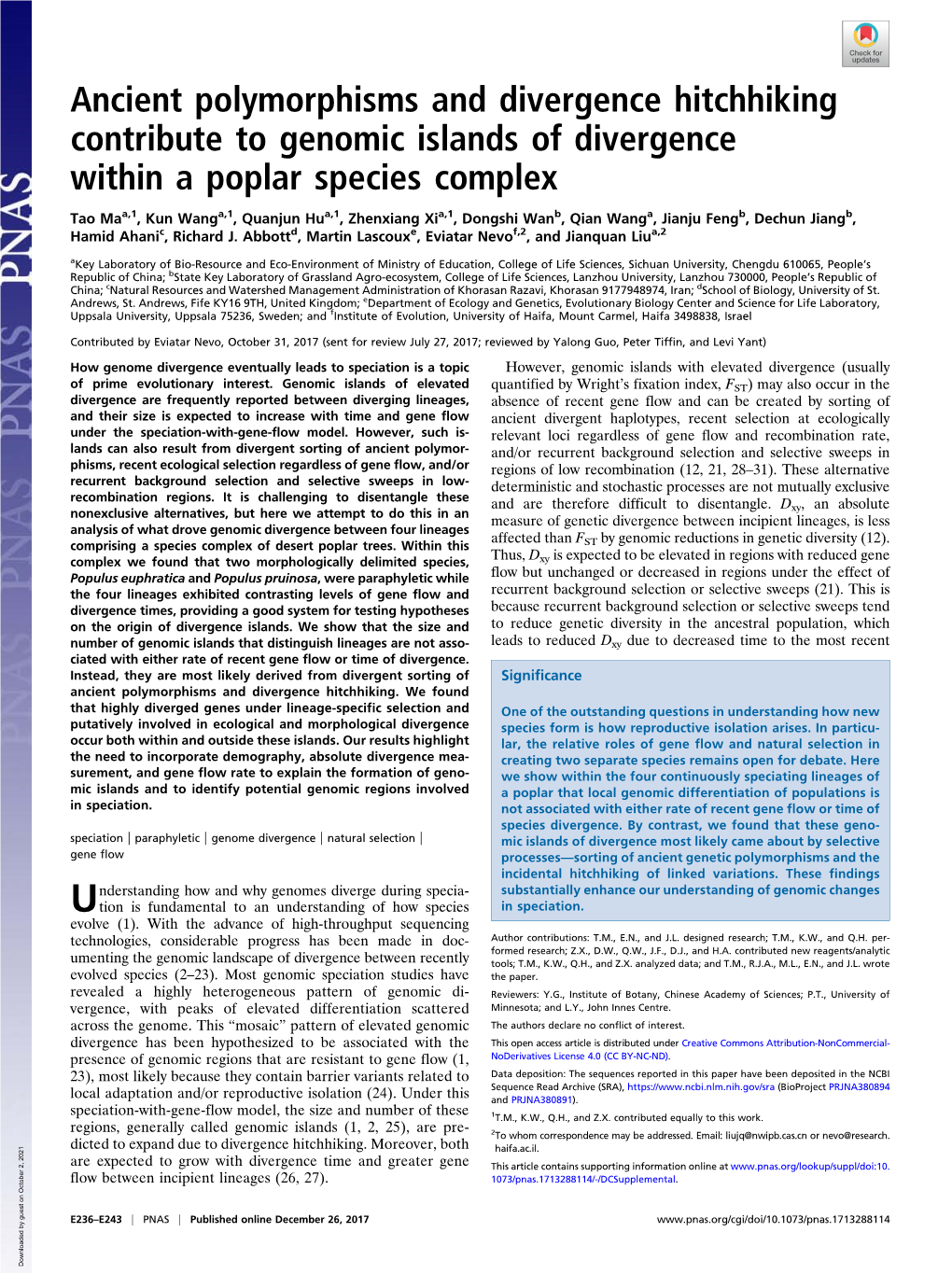 Ancient Polymorphisms and Divergence Hitchhiking Contribute to Genomic Islands of Divergence Within a Poplar Species Complex