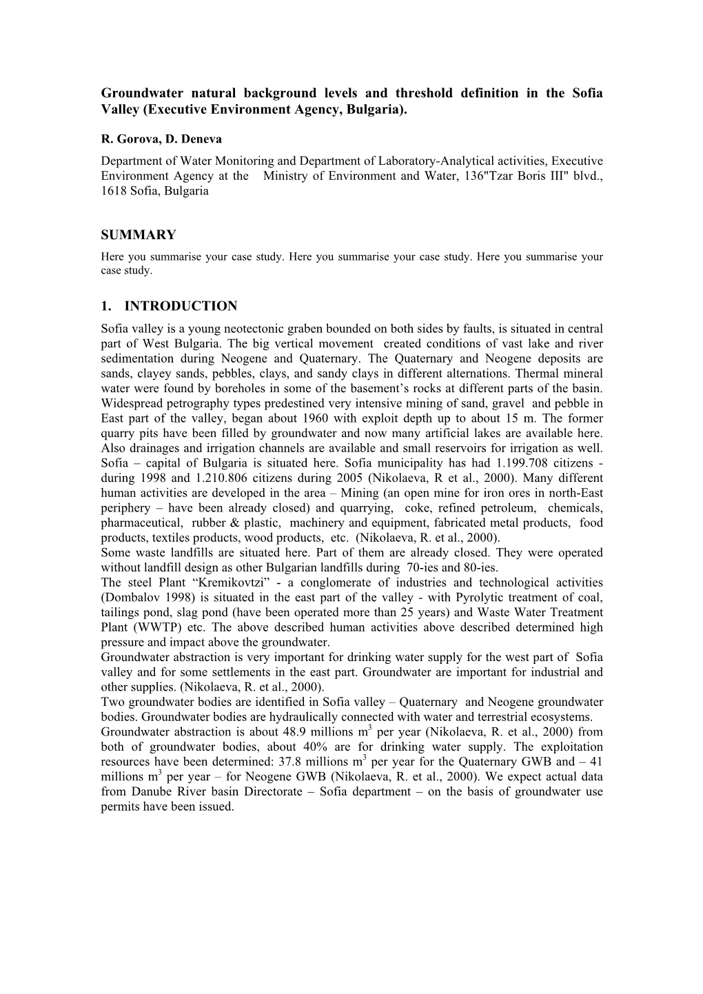 Groundwater Natural Background Levels and Threshold Definition in the Sofia Valley (Executive Environment Agency, Bulgaria)