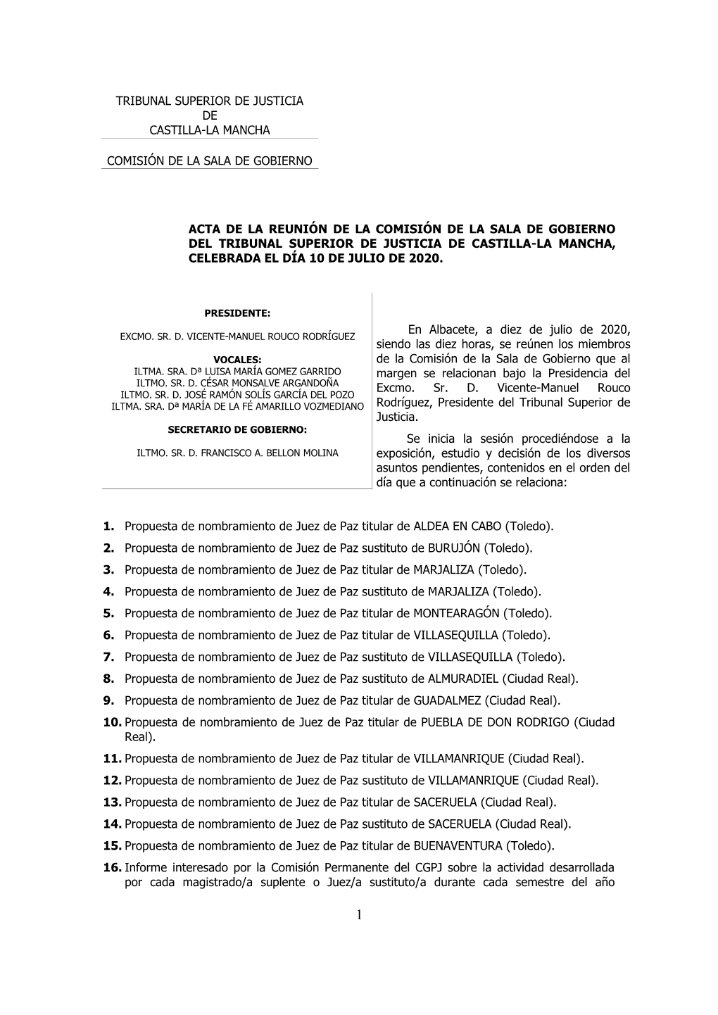 Acta De La Comisión De La Sala De Gobierno Del TSJ Castilla-La