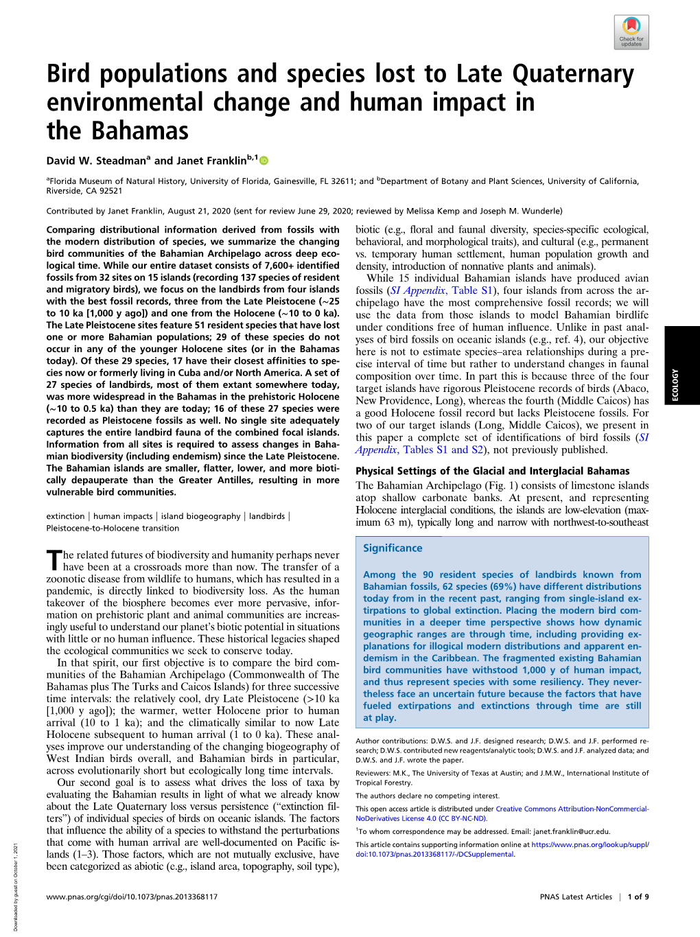 Bird Populations and Species Lost to Late Quaternary Environmental Change and Human Impact in the Bahamas