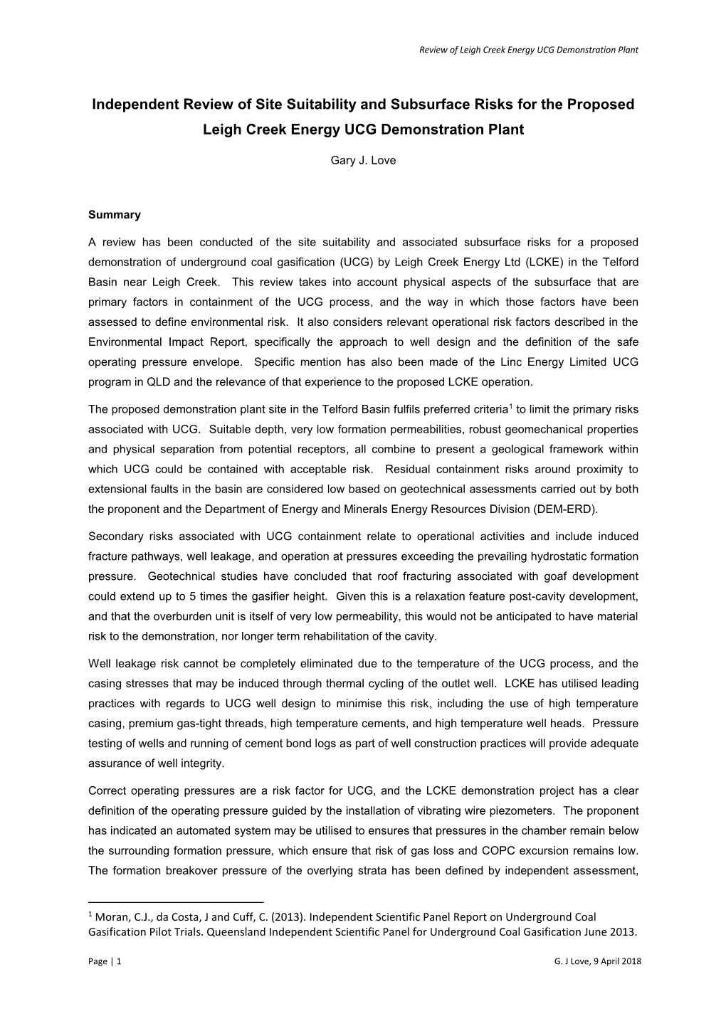 Independent Review of Site Suitability and Subsurface Risks for the Proposed Leigh Creek Energy UCG Demonstration Plant