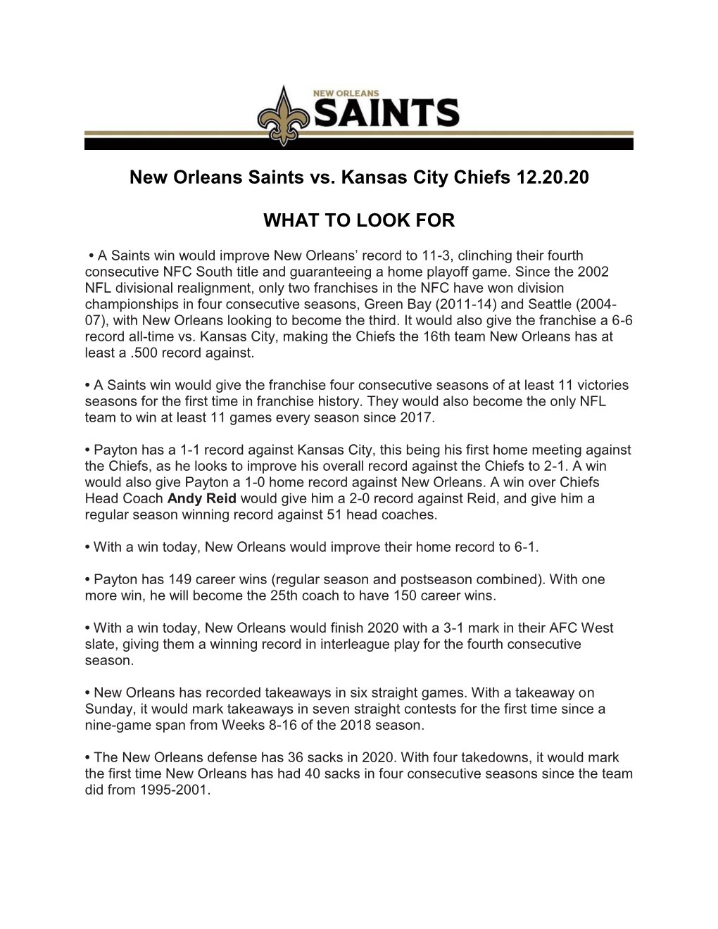 New Orleans Saints Vs. Kansas City Chiefs 12.20.20 WHAT to LOOK