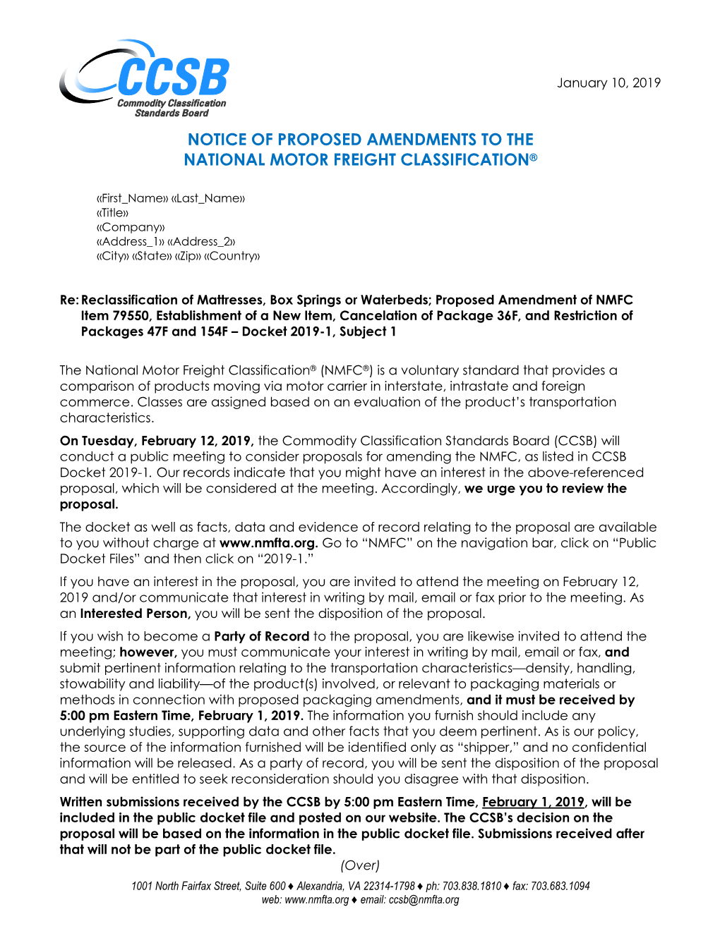 Notice of Proposed Amendments to the National Motor Freight Classification®