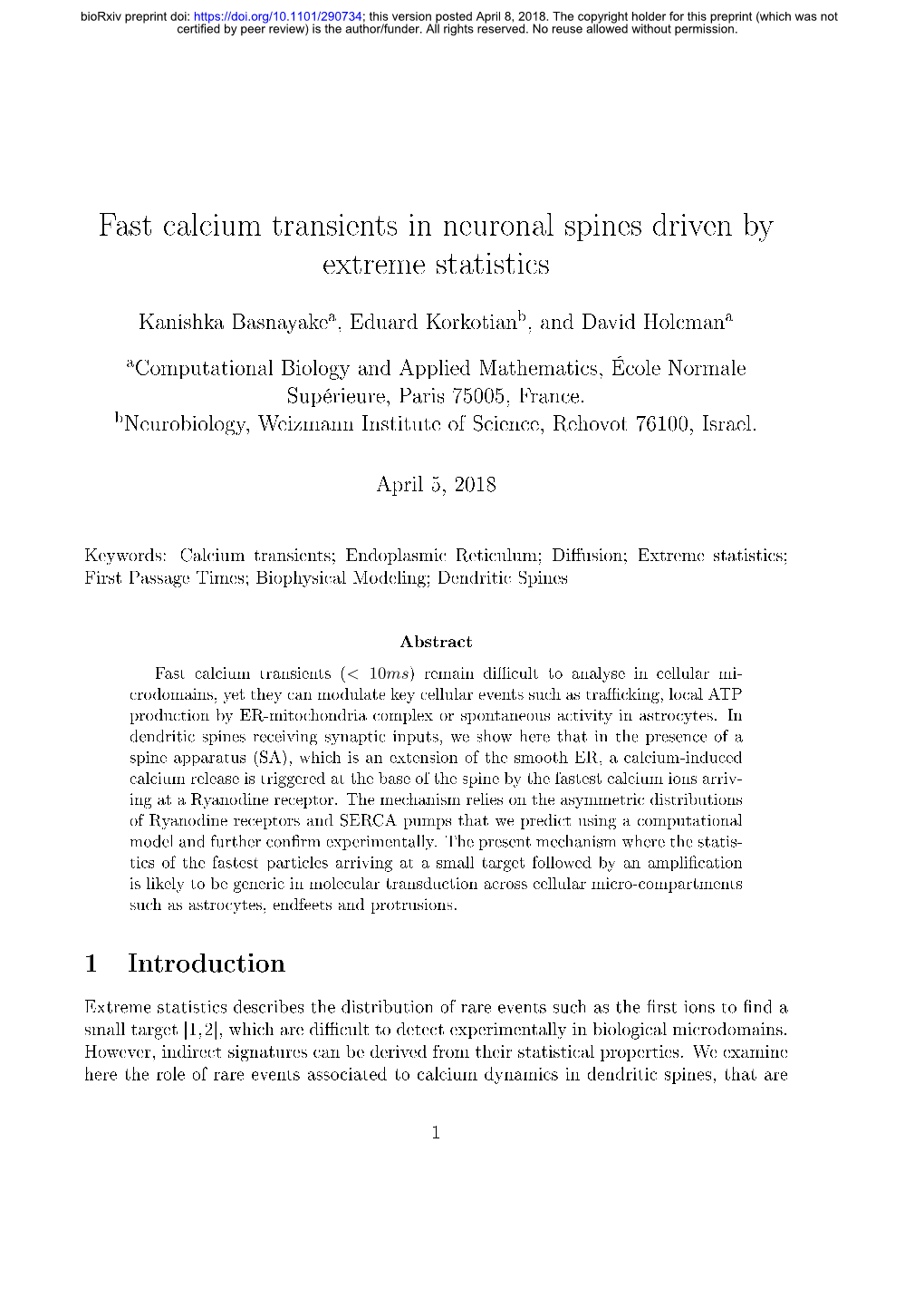 Fast Calcium Transients in Neuronal Spines Driven by Extreme Statistics