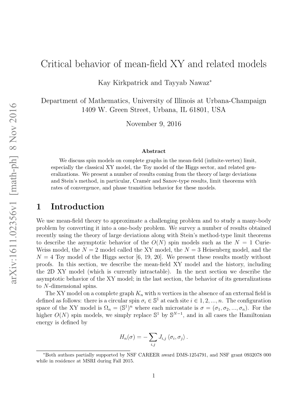 Critical Behavior of Mean-Field XY and Related Models Arxiv:1611.02356V1