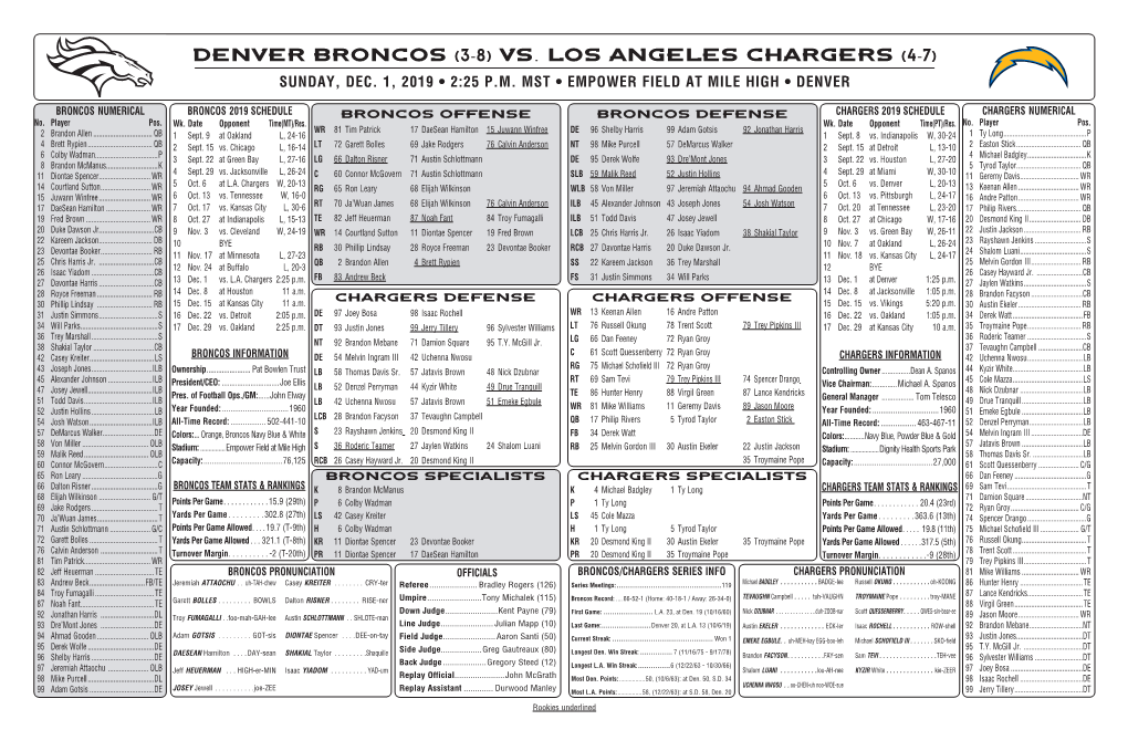 (3-8) VS. Los Angeles Chargers (4-7) SUNDAY, DEC