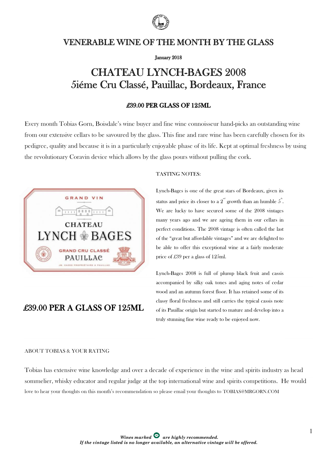 CHATEAU LYNCH-BAGES 2008 5Iéme Cru Classé, Pauillac, Bordeaux, France