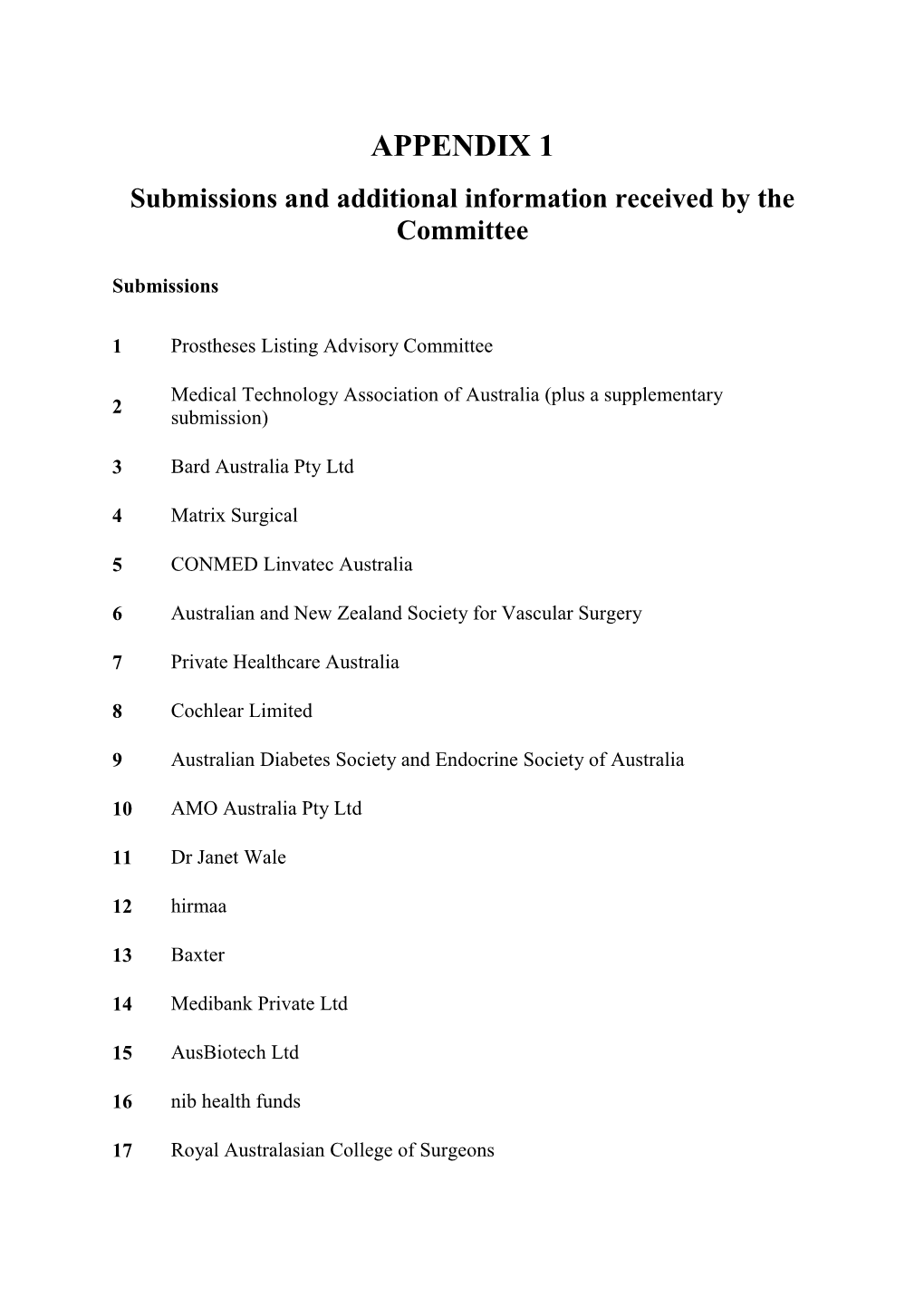 APPENDIX 1 Submissions and Additional Information Received by the Committee