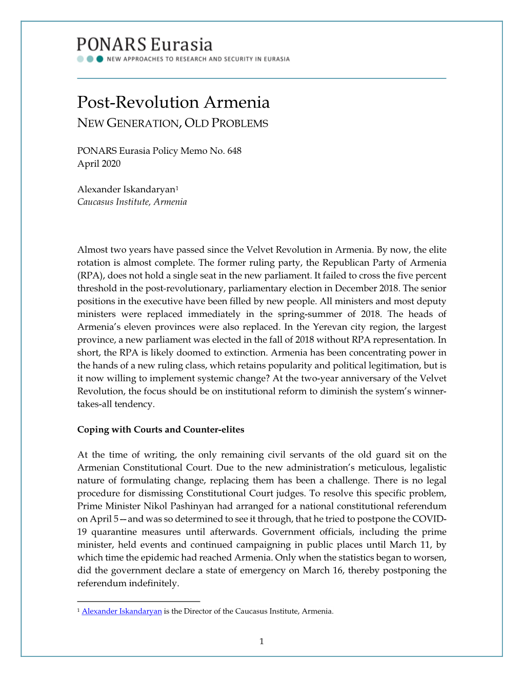 Post-Revolution Armenia NEW GENERATION, OLD PROBLEMS