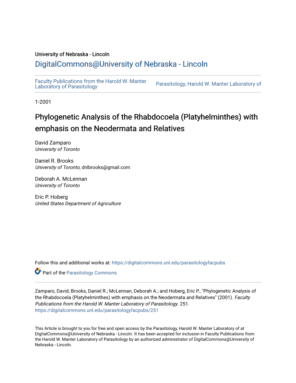 Platyhelminthes) with Emphasis on the Neodermata and Relatives