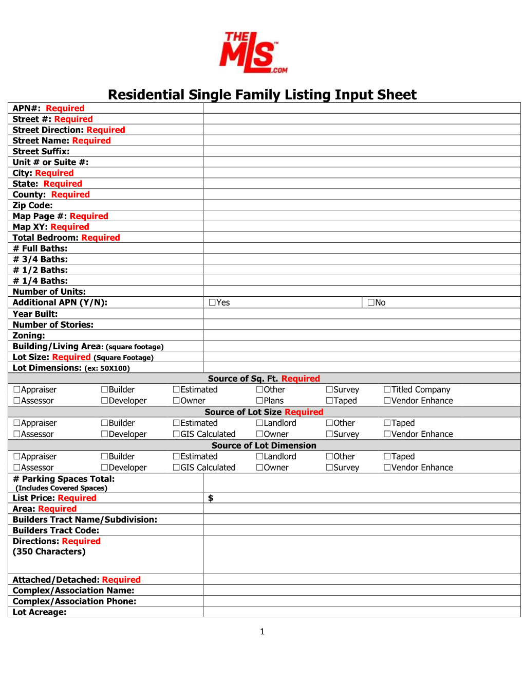 Residential Single Family Listing Input Sheet