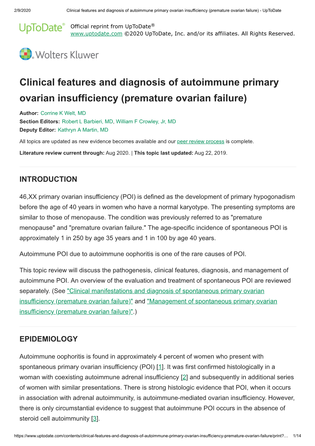 Clinical Features and Diagnosis of Autoimmune Primary Ovarian Insufficiency (Premature Ovarian Failure) - Uptodate