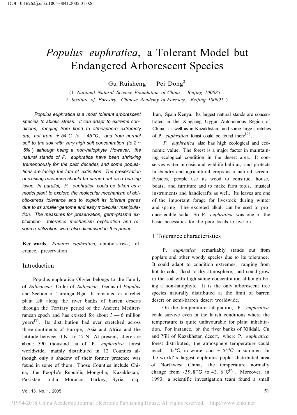 Populus Euphratica, a Tolerant Model but Endangered Arborescent Species