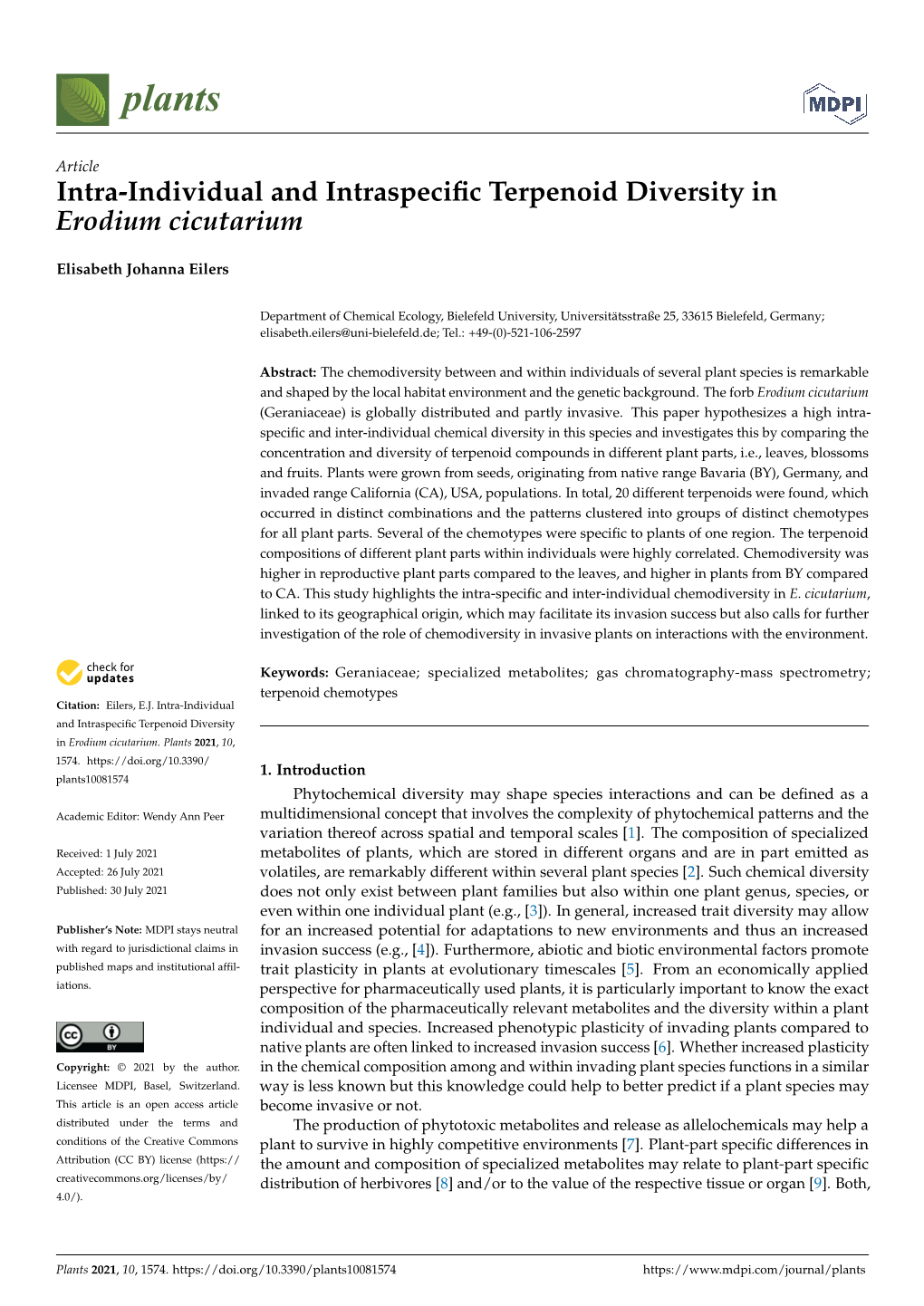 Intra-Individual and Intraspecific Terpenoid Diversity in Erodium