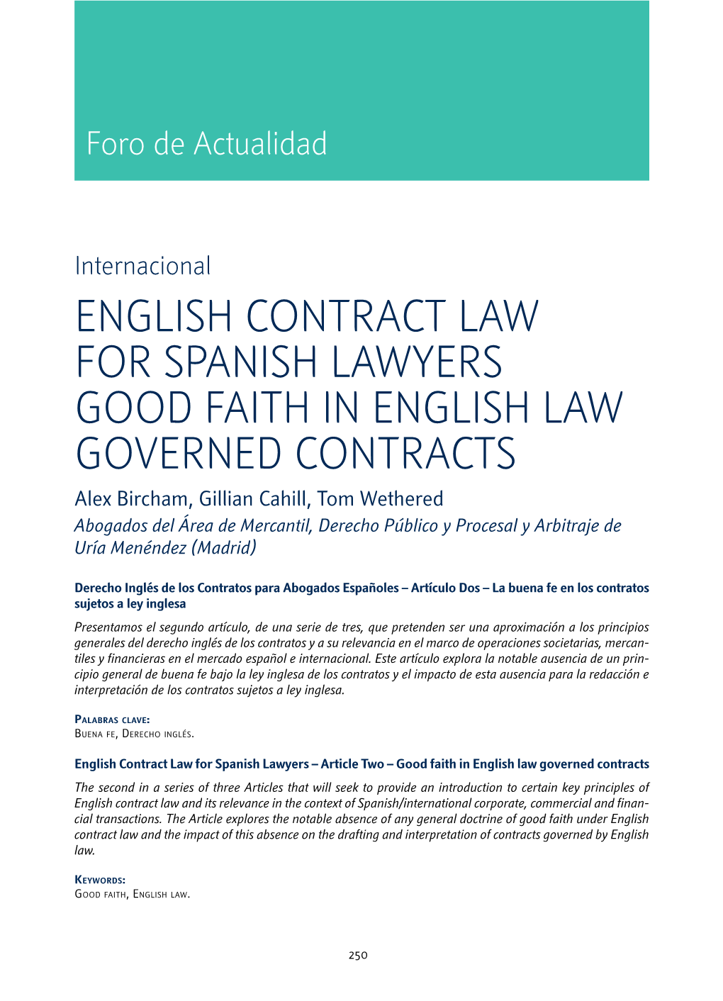 English Contract Law for Spanish Lawyers Good Faith