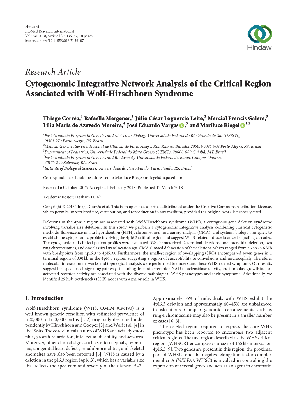 Research Article Cytogenomic Integrative Network Analysis of the Critical Region Associated with Wolf-Hirschhorn Syndrome